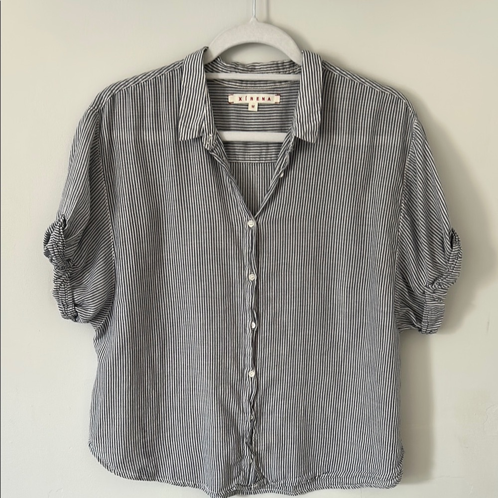 Xirena Blue and White Striped Button-Up Shirt